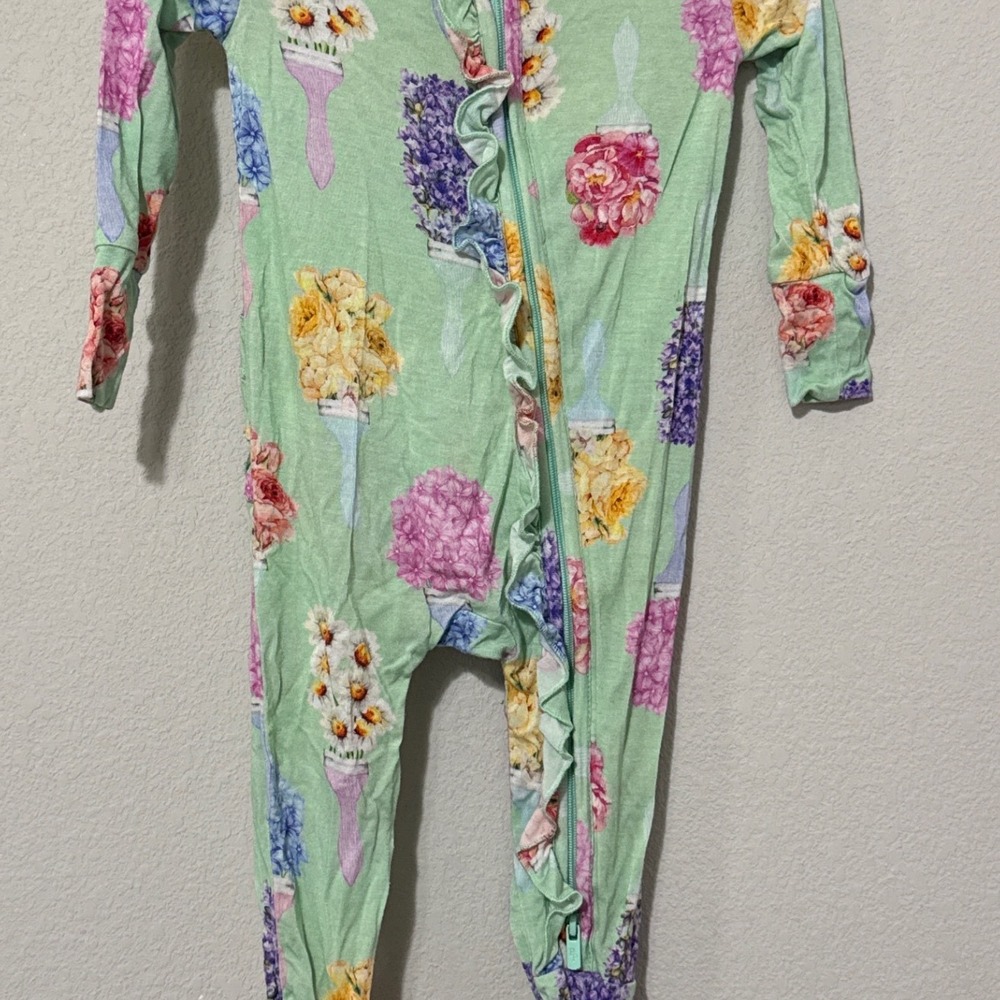 Posh Peanut Girls Footed Sleeper  3-6 Months Green Floral Ruffle Bamboo Pajamas